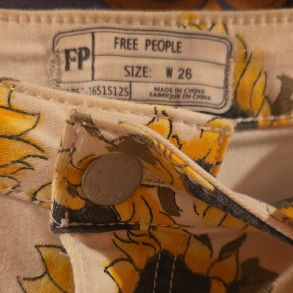 Free People White Jeans with Yellow Sunflower Print - Picture 2 of 4